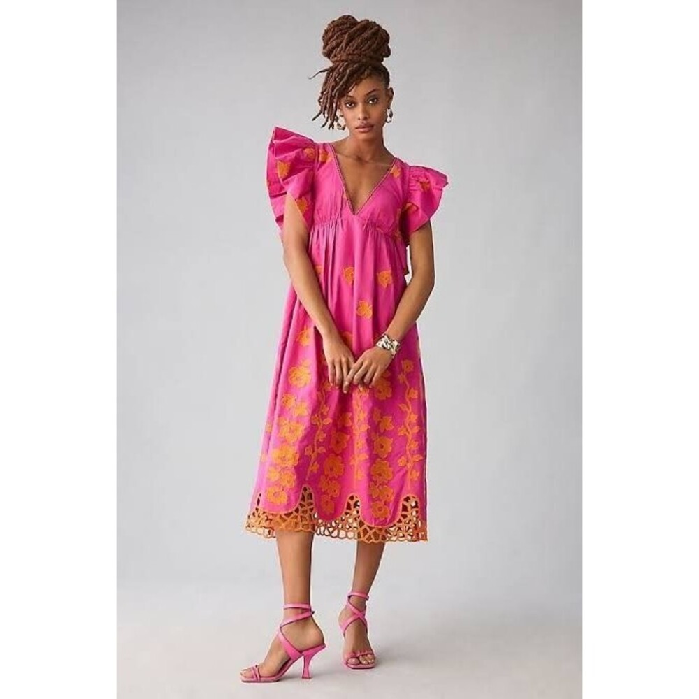 Anthropologie Embroidered Midi Dress Pink Orange Floral 00 NWOT